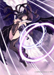 Rule 34 | 10s, 1girl, armpits, bare shoulders, black hair, black thighhighs, breasts, company name, gloves, iona (wixoss), keypot, large breasts, long hair, official art, original, selector wixoss, solo, thighhighs, thighs, watermark, wings, wixoss