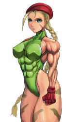 Rule 34 | 1girl, abs, blonde hair, blue eyes, braid, breasts, cammy white, capcom, curvy, fingerless gloves, from behind, gloves, green leotard, hat, highleg, highleg leotard, large breasts, leotard, long hair, muscular, muscular female, shiny skin, shopyun, sideboob, sleeveless, solo, street fighter, thick thighs, thighs, thong leotard, twin braids, very long hair, wide hips