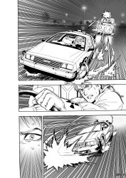 Rule 34 | 1boy, 2others, absurdres, back to the future, car, clenched teeth, comic, delorean, driving, emphasis lines, firing, fleeing, greyscale, highres, lamppost, marty mcfly, monochrome, motor vehicle, multiple others, murata yuusuke, radiation symbol, speed lines, steering wheel, sweat, teeth, tree, van, vehicle chase, vehicle focus