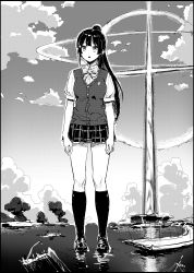 Rule 34 | 1girl, :o, absurdres, breasts, cloud, collared shirt, commentary request, cross, giant, giantess, greyscale, highres, kneehighs, medium breasts, monochrome, neon genesis evangelion, nijisanji, parody, ponytail, school uniform, shirt, sky, socks, solo, standing, surprised, tsukino mito, tsukino mito (3rd costume), vest, virtual youtuber, wada (zes16), water