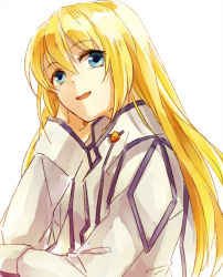 Rule 34 | 00s, 1girl, bad id, bad pixiv id, blonde hair, blue eyes, coat, colette brunel, female focus, hand on own face, himishiro, long hair, smile, solo, tales of (series), tales of symphonia, white background