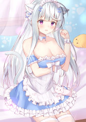 Rule 34 | 1girl, absurdres, aihara kazushi, animal ears, apron, azur lane, blue dress, breasts, cat, cat ears, cat tail, cleavage, collar, cygnet (an offer to be maid) (azur lane), cygnet (azur lane), cygnet (an offer to be maid) (azur lane), detached collar, dress, frilled apron, frilled dress, frills, gaiters, highres, indoors, large breasts, long hair, maid, maid apron, manjuu (azur lane), official alternate costume, purple eyes, sitting, solo, strapless, strapless dress, tail, thighhigh gaiters, thighhighs, white apron, white cat, white collar, white hair