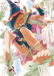 Rule 34 | 1girl, barefoot, blonde hair, blue headwear, blush, breasts, cleavage, closed mouth, commentary request, dark magician girl, duel monster, fang, feet, fingering, fingering through clothes, hat, highres, long hair, open mouth, restrained, simple background, soles, solo focus, speech bubble, sweat, through clothes, tickle torture, tickling, tickling armpits, tickling breasts, tickling feet, tickling legs, tickling pussy, toes, translation request, white background, wizard hat, yaneko uta, yu-gi-oh!, yu-gi-oh! duel monsters