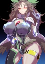 Rule 34 | 1girl, alternate costume, blush, bodysuit, breasts, brown hair, cameltoe, cleavage, cleavage cutout, clothing cutout, covered erect nipples, cowboy shot, curvy, highres, huge breasts, leotard, long hair, looking at viewer, pandain, red eyes, reiuji utsuho, skin tight, smile, solo, standing, tagme, taimanin (series), taimanin suit, thighhighs, touhou, v, wide hips, wings