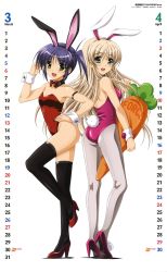 Rule 34 | 00s, 2girls, absurdres, animal ears, ass, black thighhighs, blonde hair, blue hair, bow, bowtie, calendar, fake animal ears, green eyes, hand on own hip, higa yukari, highres, hip focus, isis egret, legs, leotard, lily-strosek, long hair, looking back, lyrical nanoha, mahou senki lyrical nanoha force, mahou shoujo lyrical nanoha, multiple girls, non-web source, nyantype, open mouth, pantyhose, playboy bunny, rabbit ears, rabbit tail, short hair, tail, thighhighs, very long hair, white pantyhose, wrist cuffs, yellow eyes