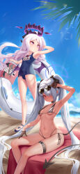 Rule 34 | 2girls, absurdres, arm up, armpits, beach, bikini, bird, black bikini, black bow, black choker, blue archive, blue one-piece swimsuit, blue sky, blurry, bokeh, bow, breasts, choker, commentary request, covered navel, day, demon tail, demon wings, depth of field, expressionless, eyewear on head, full body, gloves, grey hair, hair bow, hair intakes, hair over one eye, halo, highres, hina (blue archive), hina (swimsuit) (blue archive), holding, holding swim ring, horns, innertube, iori (blue archive), iori (swimsuit) (blue archive), long hair, looking at viewer, looking away, low wings, multi-strapped bikini bottom, multiple girls, name tag, navel, one-piece swimsuit, one eye covered, outdoors, palm tree, pointy ears, purple eyes, red eyes, sandals, school swimsuit, sky, small breasts, sunglasses, swim ring, swimsuit, tail, thigh strap, tree, twintails, vanta-black, very long hair, whistle, whistle around neck, white hair, wings