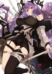 Rule 34 | 1girl, absurdres, arknights, bare shoulders, black hairband, black horns, black shirt, black shorts, black thighhighs, blush, bow (weapon), breasts, compound bow, fake horns, feet up, from below, full body, garter straps, hair between eyes, hairband, highres, holding, holding behind back, holding bow (weapon), holding weapon, horns, huge breasts, jacket, kajuu, long hair, long sleeves, looking at viewer, off shoulder, open clothes, open jacket, purple hair, red eyes, shirt, shorts, sidelocks, single thighhigh, sleeveless, sleeveless shirt, solo, thighhighs, typhon (arknights), weapon, white jacket