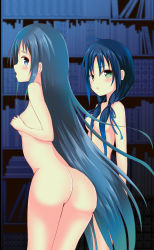 Rule 34 | 10s, 2girls, :o, :t, ahoge, amagami (makise tsubaki), ass, bad id, bad nicoseiga id, blue eyes, blue hair, blush, book, bookshelf, breast hold, breasts, convenient censoring, covering privates, covering breasts, cowboy shot, from behind, green eyes, hair between eyes, hair censor, hair over breasts, hair ribbon, highres, indoors, kantai collection, library, long hair, looking back, low twintails, multiple girls, nude, open mouth, pout, ribbon, samidare (kancolle), sideboob, sidelocks, small breasts, smile, standing, suzukaze (kancolle), tareme, twintails