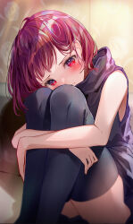 Rule 34 | 1girl, arima kana, black thighhighs, blush, closed mouth, commentary, feet out of frame, highres, hood, hoodie, hugging own legs, knees up, looking at viewer, negimapurinn, oshi no ko, purple hoodie, red eyes, red hair, short hair, sitting, skirt, sleeveless, sleeveless hoodie, solo, thighhighs