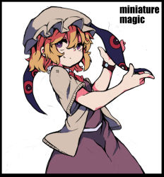 Rule 34 | 1girl, black border, blonde hair, border, bow, closed mouth, commentary request, english text, eyeball, gap (touhou), hair between eyes, hat, highres, looking at viewer, maribel hearn, mob cap, nal (naru-1), purple eyes, purple skirt, red bow, short sleeves, skirt, smile, solo, touhou, white background, white hat
