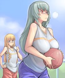 Rule 34 | 00s, 2girls, aged up, ball, basketball, basketball (object), bespectacled, blonde hair, blush, breasts, drill hair, drinking, glasses, grey hair, hand on own hip, hip focus, large breasts, multiple girls, red eyes, rozen maiden, shinku, suigintou, sweatdrop, tsuda nanafushi