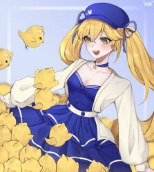 Rule 34 | 1girl, :d, absurdres, belt, bird, blonde hair, blue choker, blue dress, blue hat, blue ribbon, blush, breasts, buttons, cabbie hat, choker, cleavage, collarbone, commentary, dokibird (vtuber), dragoon (dokibird), dress, english commentary, eyelashes, floating hair, frilled dress, frills, green eyes, hair between eyes, hair ribbon, hat, hat ornament, heart, heart hat ornament, highres, horns, indie virtual youtuber, jacket, long hair, long sleeves, medium breasts, nymouuus, open clothes, open jacket, open mouth, puffy long sleeves, puffy sleeves, rabbit hat ornament, ribbon, sidelocks, smile, solo, star (symbol), star choker, strapless, strapless dress, striped ribbon, tears, teeth, twintails, upper teeth only, very long hair, virtual youtuber, white belt, white jacket