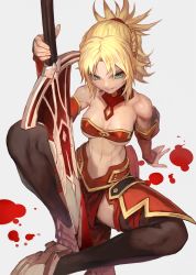 Rule 34 | 1girl, alternate breast size, arm support, armor, bare shoulders, black thighhighs, blonde hair, bra, braid, breasts, clarent (fate), fate/apocrypha, fate/grand order, fate (series), green eyes, highres, lack, long hair, looking at viewer, medium breasts, midriff, mordred (fate), mordred (fate/apocrypha), muscular, navel, pelvic curtain, ponytail, red bra, sitting, smile, solo, strapless, strapless bra, sword, thighhighs, toned, underwear, weapon