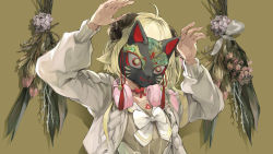 Rule 34 | 1girl, absurdres, ahoge, animal ears, arms up, blonde hair, bow, bowtie, brown shirt, cardigan, cat mask, choker, commentary request, headphones, headphones around neck, highres, hololive, horns, long hair, long sleeves, mask, open cardigan, open clothes, phony (cevio), rabbit pose, red choker, sheep ears, sheep girl, sheep horns, shirt, solo, tsumeki, tsunomaki watame, tsunomaki watame (street casual), upper body, virtual youtuber, white bow, white bowtie, white cardigan