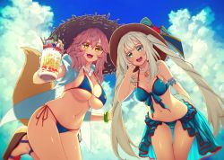 Rule 34 | 10s, 2girls, akino sora, bikini, bikini skirt, blouse, blue bikini, blue sky, breasts, cleavage, cloud, cloudy sky, day, fate/extra, fate (series), food, fox tail, fruit, green eyes, hair between eyes, hat, highres, ice cream, jewelry, large breasts, long hair, looking at viewer, marie antoinette (fate), marie antoinette (swimsuit caster) (third ascension) (fate), multiple girls, necklace, outdoors, pink hair, sandals, shirt, side-tie bikini bottom, silver hair, sky, smile, standing, standing on one leg, straw hat, strawberry, string bikini, swimsuit, tail, tamamo (fate), tamamo no mae (fate/extra), tamamo no mae (swimsuit lancer) (fate), teeth, thigh gap, underboob, upper teeth only, very long hair, wafer stick, white shirt, yellow eyes
