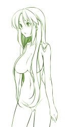 Rule 34 | 1girl, breasts, censored, convenient censoring, female focus, green theme, hair censor, hair over breasts, himura kiseki, large breasts, long hair, monochrome, navel, nude, solo, very long hair