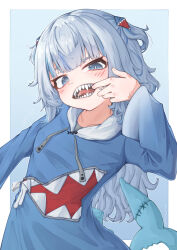 Rule 34 | 1girl, absurdres, animal costume, blue eyes, blue hair, blue hoodie, blunt bangs, blush, fins, fish tail, gawr gura, gawr gura (1st costume), grey hair, hair ornament, highres, hololive, hololive english, hood, hoodie, looking at viewer, medium hair, mokamocha, mouth pull, multicolored hair, open mouth, shark costume, shark girl, shark hair ornament, shark tail, sharp teeth, solo, streaked hair, tail, teeth, tongue, two side up, virtual youtuber