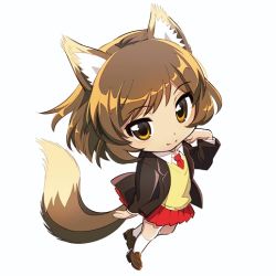 Rule 34 | 1girl, animal ears, black jacket, blazer, brown footwear, brown hair, chibi, closed mouth, collared shirt, commentary request, fox ears, fox tail, full body, hand up, hotaru iori, jacket, kemonomimi mode, looking at viewer, necktie, open clothes, open jacket, pleated skirt, red necktie, red skirt, sasaki (suzumiya haruhi), school uniform, second-party source, shirt, shoes, simple background, skirt, smile, socks, solo, suzumiya haruhi no yuuutsu, sweater, tail, white background, white shirt, white socks, yellow sweater