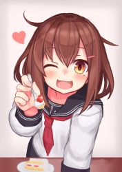 Rule 34 | 1girl, anchor symbol, bad id, bad twitter id, black sailor collar, black skirt, brown eyes, brown hair, cake, fang, feeding, food, fruit, hair ornament, hairclip, heart, highres, ikazuchi (kancolle), incoming food, kantai collection, long sleeves, looking at viewer, neckerchief, open mouth, pleated skirt, pov, red neckerchief, reitou mikan, sailor collar, school uniform, serafuku, shirt, short hair, simple background, skirt, smile, solo, strawberry, white background, white shirt