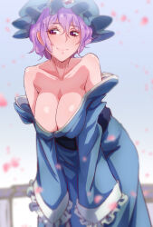 Rule 34 | 1girl, black sash, blue hat, blue kimono, blush, breasts, cleavage, closed mouth, commentary request, feet out of frame, frilled sleeves, frills, hat, japanese clothes, kimono, large breasts, leaning forward, long sleeves, mob cap, obi, off shoulder, pink eyes, pink hair, saigyouji yuyuko, sash, short hair, sleeves past fingers, sleeves past wrists, smile, solo, touhou, triangular headpiece, wide sleeves, yocchi (tenyunkel)