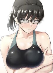 Rule 34 | 1girl, amagami, black-framed eyewear, black hair, black one-piece swimsuit, blush, breasts, competition swimsuit, crossed arms, glasses, gyuunyuu pack (tanaka), highres, long bangs, looking at viewer, medium breasts, nervous, one-piece swimsuit, ponytail, simple background, solo, swimsuit, tsukahara hibiki, wet, white background