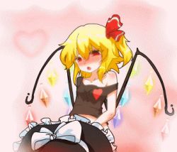 Rule 34 | 1girl, animated, animated gif, blonde hair, blush, flandre scarlet, flat chest, hat, implied sex, lowres, qys3, touhou, ugoira, wings