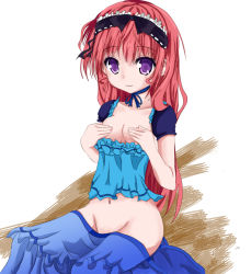 Rule 34 | 1girl, bad id, bad pixiv id, breasts, choker, cleavage, covering privates, covering breasts, hair ornament, hairband, highres, lolita hairband, long hair, medium breasts, navel, no bra, no panties, original, pixiv, purple eyes, red hair, ribbon choker, sitting, smile, solo, voyager289