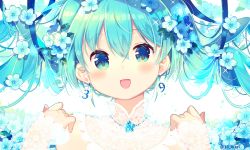 Rule 34 | 1girl, 39, :d, aqua eyes, aqua hair, blue flower, blue ribbon, blush, earrings, floral background, flower, hair flower, hair ornament, hair ribbon, hands up, hatsune miku, highres, ikari (aor3507), jewelry, lace-trimmed sleeves, lace trim, long hair, looking at viewer, necklace, number earrings, open mouth, portrait, ribbon, smile, solo, sparkle, twintails, twitter username, vocaloid
