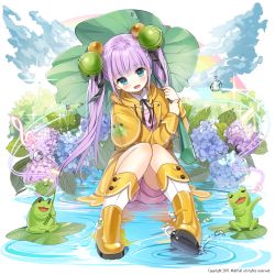 Rule 34 | 1girl, 2017, :d, animal print, aqua eyes, bad id, bad pixiv id, bell, black ribbon, blunt bangs, blush, boots, capelet, floating hair, flower, frog, frog print, hair bell, hair between eyes, hair ornament, hair ribbon, haruri, head tilt, highres, holding, hydrangea, long hair, looking at viewer, musical note, neck ribbon, open mouth, original, pink hair, pink shorts, print capelet, raincoat, ribbon, rubber boots, shirt, short shorts, shorts, sitting, smile, solo, thighhighs, very long hair, water, white background, white shirt, yellow capelet, yellow footwear