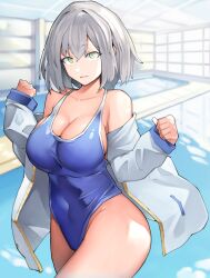 Rule 34 | 1girl, absurdres, bare shoulders, blue one-piece swimsuit, breasts, cleavage, competition swimsuit, cropped legs, gluteal fold, green eyes, grey hair, highres, hololive, jacket, large breasts, medium hair, navel, off shoulder, one-piece swimsuit, open clothes, open jacket, pool, poolside, seino (sasakike1305), shirogane noel, swimsuit, swimsuit under clothes, thick thighs, thighs, virtual youtuber