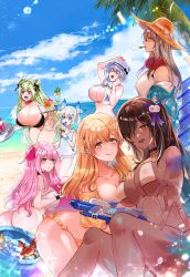 Rule 34 | 6+girls, absurdres, ass, beach, bikini, blonde hair, blue eyes, breasts, brown hair, bucket, closed eyes, crab, dark-skinned female, dark skin, day, dimjh, double bun, frilled one-piece swimsuit, frills, frima (nikke), frima (sea of sloth) (nikke), goddess of victory: nikke, green hair, grey hair, hair bun, hat, highres, huge breasts, ice cream cone, jacket, large breasts, long hair, mouth hold, multiple girls, n102 (miracle fairy) (nikke), n102 (nikke), naga (nikke), neve (nikke), ocean, official alternate costume, one-piece swimsuit, open mouth, outdoors, pink hair, sand, shirt, soda (nikke), sun hat, swimsuit, tia (nikke), twintails, water, white hair, white shirt, white swimsuit, yellow eyes, yuni (nikke)