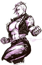 Rule 34 | 1509virgoart, 1girl, abs, armlet, breasts, clenched hands, collar, earrings, highres, jewelry, large breasts, looking at viewer, muscular, muscular female, original, shaved head, short hair, smile, spiked belt, spikes, tattoo