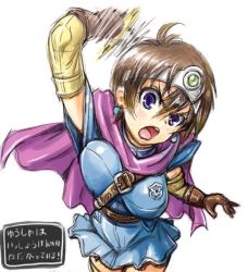 Rule 34 | 1girl, amania orz, black hair, blue eyes, breasts, cape, circlet, dragon quest, dragon quest iii, earrings, elbow gloves, gloves, jewelry, looking at viewer, open mouth, roto (dq3), short hair, simple background, skirt, solo, sword, weapon, white background