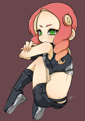Rule 34 | 1girl, absurdres, ass, belt, black footwear, black shirt, black shorts, boots, crossed arms, curly hair, fetal position, forehead, from behind, green eyes, highres, knees to chest, knees up, legs, long hair, looking at viewer, looking back, midriff, nintendo, octoling, octoling girl, octoling player character, red hair, shirt, shisyamotyan, short shorts, shorts, sleeveless, sleeveless shirt, solo, splatoon (series), suction cups, tentacle hair, thighs