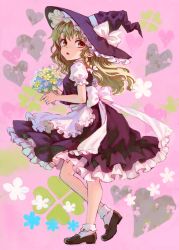 Rule 34 | 1girl, ama-tou, blonde hair, bobby socks, bouquet, braid, clover, female focus, flower, four-leaf clover, hat, heart, highres, kirisame marisa, loafers, long hair, looking back, red eyes, shoes, socks, solo, standing, touhou, witch, witch hat, yellow eyes