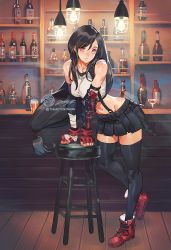 Rule 34 | 1girl, alcohol, arm guards, artist logo, bandaged arm, bandages, bar (place), bar stool, black bra, black hair, black skirt, black thighhighs, boots, bottle, bra, breasts, cocktail glass, commentary, cross-laced footwear, cup, drinking glass, english commentary, final fantasy, final fantasy vii, final fantasy vii remake, fingerless gloves, gloves, groin, hair between eyes, indoors, jet kimchrea, leaning forward, light bulb, lips, long hair, looking at viewer, low-tied long hair, medium breasts, midriff, miniskirt, navel, parted bangs, red eyes, red footwear, red gloves, seventh heaven, signature, skirt, sleeveless, solo, sports bra, square enix, stool, straight hair, suspender skirt, suspenders, tank top, tavern, thighhighs, tifa lockhart, underwear, white tank top, wine bottle, wooden floor, zettai ryouiki