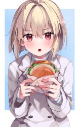 Rule 34 | 1girl, :o, absurdres, arcueid brunestud, blonde hair, blush, border, burger, buttons, commentary request, fingernails, food, hair between eyes, highres, holding, holding food, jacket, kashuu (pixiv 66328082), long sleeves, looking at viewer, official alternate costume, outside border, red eyes, short hair, simple background, single hair intake, solo, tsukihime, tsukihime (remake), upper body, white border, white jacket