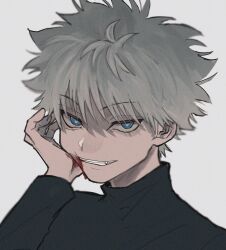Rule 34 | 1boy, black shirt, blood, blood on face, blood on hands, blue eyes, fang, grey hair, grin, hand up, heart, heart-shaped pupils, highres, hunter x hunter, killua zoldyck, long sleeves, looking at viewer, male focus, oysi mysi, portrait, shirt, short hair, simple background, smile, smirk, solo, symbol-shaped pupils, turtleneck, white background, wiping blood, wiping face
