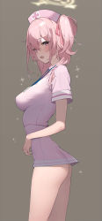 Rule 34 | 1girl, absurdres, ass, blue archive, blush, cross, dress, from side, harenchi, hat, highres, looking at viewer, microdress, nurse, open mouth, pink eyes, pink hair, serina (blue archive), shirt, short sleeves, simple background, thighs, twintails, uniform