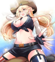 Rule 34 | 10s, 1girl, bare shoulders, belt, belt buckle, blonde hair, blue eyes, breasts, buckle, cleavage, cowboy hat, cowboy shot, detached sleeves, fingerless gloves, garter straps, gloves, hat, iowa (kancolle), kantai collection, large breasts, long hair, navel, open mouth, primary stage, shorts, smile, solo, star-shaped pupils, star (symbol), striped clothes, striped thighhighs, symbol-shaped pupils, thighhighs, vertical-striped clothes, vertical-striped thighhighs