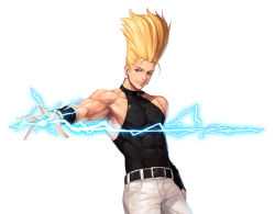 Rule 34 | 1boy, animal collar, arm at side, bare shoulders, belt, biceps, black belt, black collar, black tank top, blonde hair, collar, collarbone, commentary request, covered abs, cowboy shot, earrings, electricity, evilgun, highres, jewelry, looking at viewer, male focus, nikaidou benimaru, pants, parted lips, pectorals, simple background, sleeveless, smile, smirk, smug, solo, standing, sweatband, tank top, the king of fighters, the king of fighters &#039;97, toned, toned male, white background, white pants