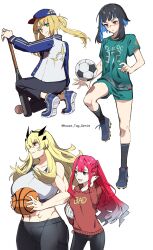Rule 34 | 4girls, abs, absurdres, artoria caster (fate), artoria caster (second ascension) (fate), artoria pendragon (fate), ball, bare shoulders, baseball, baseball bat, baseball cap, basketball, basketball (object), biceps, black hair, black pants, blonde hair, blue footwear, blue hair, blush, braid, breasts, collarbone, colored inner hair, facepaint, barghest (fate), baobhan sith (fate), fate/grand order, fate (series), french braid, green eyes, green shirt, green shorts, grey eyes, grey pants, hat, highres, horns, house tag denim, jacket, large breasts, long hair, long sleeves, looking at viewer, looking back, multicolored hair, multiple girls, muscular, muscular female, navel, open mouth, pants, pink hair, pointy ears, ponytail, red eyes, red sweater, shirt, shoes, short hair, short sleeves, shorts, sidelocks, small breasts, smile, sneakers, soccer ball, soccer uniform, sports bra, sportswear, squatting, sweater, tenochtitlan (fate), thighs, twintails, volleyball, volleyball (object), white sports bra