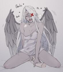 angel angel_wings breasts cleavage closed_eyes disembodied_limb feathered_wings fingering grey_background grey_hair hair_over_one_eye hazbin_hotel heart highres long_hair nightgown open_mouth pussy scheraschera267 simple_background solo_focus spread_legs strap_slip vaggie very_long_hair wings