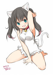 Rule 34 | 1girl, :d, animal ears, arm behind head, arm up, armpits, bare shoulders, bell, black hair, blue eyes, blush, breasts, cat ears, cat girl, cat tail, collar, full body, highres, long hair, looking at viewer, medium breasts, neck bell, one-piece swimsuit, open mouth, ragho no erika, simple background, sitting, smile, solo, sukurizo!, swimsuit, tail, twintails