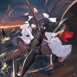 Rule 34 | 2girls, action, azur lane, black coat, black hair, black legwear, bow, breasts, brown eyes, coat, dark persona, ember (azur lane), floating hair, gloves, hair bow, highres, holding, holding sword, holding weapon, katana, large breasts, long hair, looking at another, military, military uniform, miniskirt, multiple girls, open mouth, outdoors, pak ce, pantyhose, pleated skirt, ponytail, rigging, rudder footwear, skirt, standing, sword, takao (azur lane), uniform, very long hair, weapon, white bow