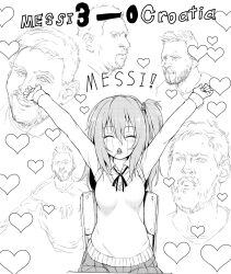Rule 34 | !, 1boy, 1girl, 2022, 2022 fifa world cup, absurdres, age difference, argentina, argentinian flag, blush, breasts, candy, character name, character request, cheering, closed eyes, eighth note, facial hair, fingernails, food, food in mouth, greyscale, hair between eyes, hair bobbles, hair ornament, happy, highres, kyokucho, lionel messi, looking to the side, medium breasts, monochrome, multiple views, musical note, original, plaid, plaid skirt, pleated skirt, real life, realistic, side ponytail, sidelocks, simple background, sitting, sketch, skirt, smile, soccer, spoken musical note, standing, sweat, sweater, tears, world cup