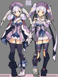 Rule 34 | 2girls, android, blue eyes, blush, breasts, cape, curly hair, elbow gloves, gloves, hat, head wings, joints, long hair, looking at viewer, maid headdress, medium breasts, melia antiqua, multiple girls, nintendo, nopon, open mouth, orange eyes, poppi (xenoblade), poppi qt (xenoblade), purple hair, ribbon, robot joints, sasaki tomomi, short hair, silver hair, simple background, smile, spoilers, thighhighs, twintails, wings, xenoblade chronicles (series), xenoblade chronicles 1, xenoblade chronicles 2