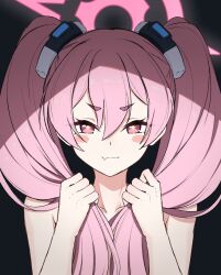 Rule 34 | 1girl, bare arms, bare shoulders, black background, blue archive, blush stickers, closed mouth, collarbone, fang, fang out, hair between eyes, halo, headgear, highres, holding, holding hair, koyuki (blue archive), long hair, looking at viewer, pink eyes, pink hair, pink halo, reia 76, simple background, skin fang, solo, sparkling eyes, symbol-shaped pupils, topless, twintails, upper body, v-shaped eyebrows