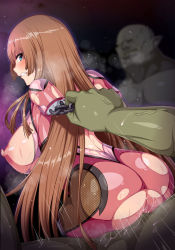 Rule 34 | 1girl, 2boys, action taimanin, amputee, angry, ass, blue eyes, blunt ends, bodysuit, breasts, brown hair, colored skin, from behind, glaring, green skin, horosuke, huge ass, impossible bodysuit, impossible clothes, interspecies, koukawa asuka, large breasts, long hair, looking at viewer, looking back, moaning, monster, multiple boys, orc, pink bodysuit, quadruple amputee, rape, scowl, sex, shiny skin, skin tight, solo focus, taimanin (series), taimanin asagi, taimanin rpgx, torn bodysuit, torn clothes, very long hair, wide hips