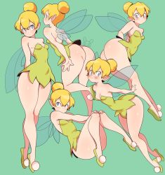 Rule 34 | 1girl, :t, arms behind back, ass, bare legs, blonde hair, blush, breasts, closed mouth, commentary, dress, english commentary, fairy, fairy wings, green background, green dress, green footwear, hair between eyes, hair bun, hand on own hip, highres, multiple views, niucniuc, no panties, peter pan (disney), pointy ears, pom pom (clothes), pout, short dress, signature, simple background, single hair bun, small breasts, strapless, strapless dress, tinker bell (disney), wings